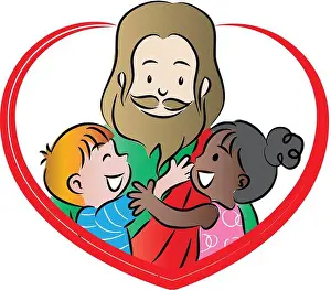 Heart Shape Prints: Cartoon Jesus Christ hug kids