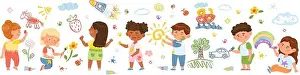 Cartoon kids drawing on wall, creative children draw with pencils or paint. Preschool characters painting colorful pictures vector illustration