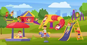 Playtime Prints: Cartoon kids playing on playground in summer park or kindergarten
