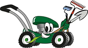 Mowing Prints: Cartoon Lawn Mower Holding Lawn Maintenance Tools