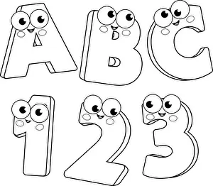 Numeral Prints: Cartoon letters and numbers. Vector black and white coloring page