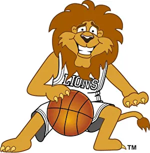 Lion Illustration Prints: Cartoon Lion Mascot Playing Basketball