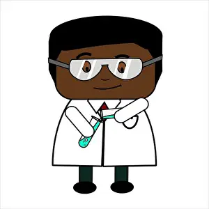 Chemicals Prints: Cartoon male scientist with white lab coat and safety goggles