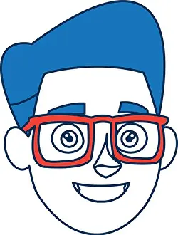 Menswear Prints: cartoon man face smiling wearing glasses and blue hair