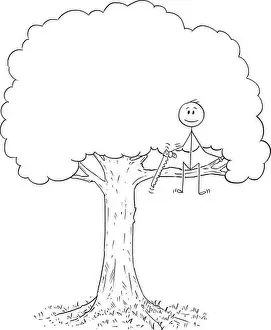 Stickman Prints: Cartoon of Man With Saw on Tree Cutting Out the Branch He is Sitting on