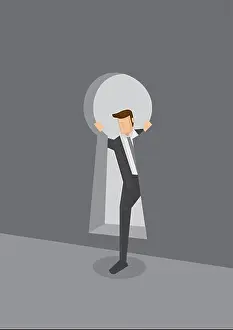 Hiding Prints: Cartoon man in suit entering room through keyhole