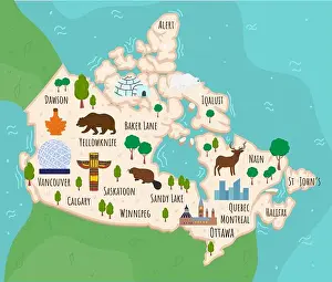 Scribble Prints: Cartoon map of Canada. Travel illustration with canadian landmarks