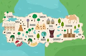 Cartoon map of Turkey. Travel illustration with turkish landmarks