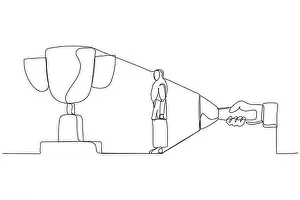Veil Prints: Cartoon of muslim businesswoman aiming big prize from flashlight
