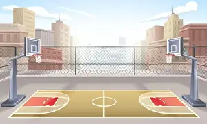 Sports Team Prints: Cartoon outdoor basketball court on background with city houses vector illustration