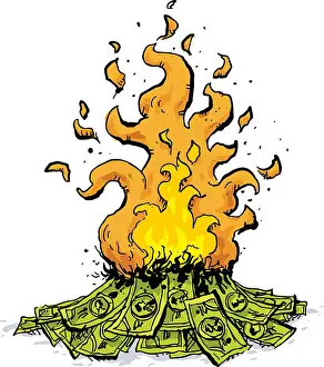 Blaze Prints: A cartoon of a pile of cash money burning in a huge fire