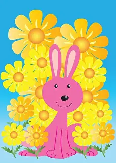 Cuddly Prints: A cartoon pink bunny rabbit with golden yellow daisy flowers