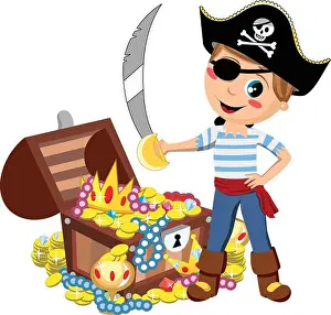 Cartoon pirate kid with eye patch and sword in front of treasure chest isolated