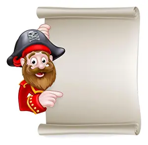 Signboard Prints: Cartoon pirate peeking around pointing at a scroll sign