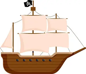 Sails Prints: Cartoon pirate ship illustration with flat design and vector graphic