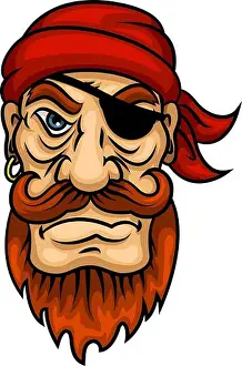 Redhead Prints: Cartoon portrait of redhead pirate sailor character with curled mustache and beard