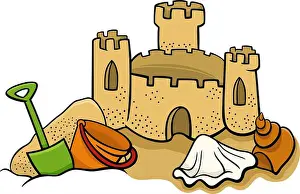 Pail Prints: cartoon sand castle on the beach clip art illustration