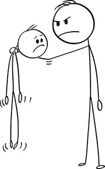 Trouble Prints: Cartoon stick figure drawing conceptual illustration of angry big and strong man holding smaller
