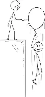 Cartoon stick figure drawing conceptual illustration of happy man or businessman flying up on inflatable party balloon