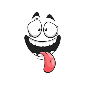 Sticking Prints: Cartoon stupid face, happy smile vector emoji with open mouth and long sticking tongue