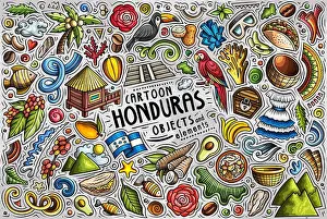 Treasures Prints: Cartoon vector doodle set of Honduras traditional symbols, items and objects