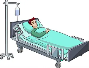 Asleep Prints: Cartoon vector illustration of a man resting in a hospital bed