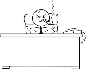 Necktie Prints: Cartoon vector stick man stickman drawing of business boss sitting behind office desk smoking big cigar