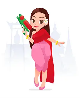 Siam Prints: The cartoon woman in thai clothings is holding water gun