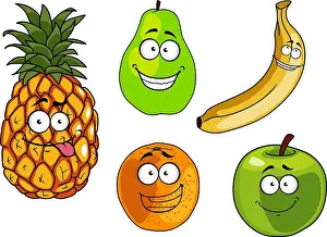 Green Leaf Prints: Cartooned happy apple, banana, orange