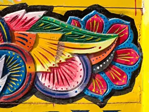 Kerala Prints: carved and painted tailboard of an owner-driver lorry in Cochin, Kerala southern India