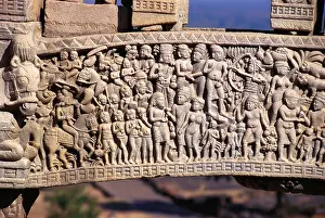 Madhya Pradesh Prints: Carved stories of King Ashoka on gate of Sanchi stupa ; Madhya Pradesh ; India ; Asia ; Indian ; Asian
