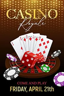 Flush Prints: Casino poker club event announcement invitation realistic festive background poster with cards dice chips golden font