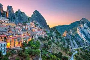 Castelmezzano, Italy. Cityscape aerial image of medieval city of Castelmazzano, Italy during beautiful sunrise