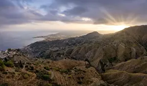 Catania Prints: Castelmola aerial view: gulf of Catania and mediterranea sea covered by clouds