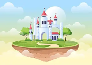 Wonderland Prints: Castle with Prince and Queen Cartoon Illustration
