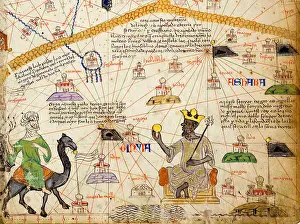 Drawings Prints: Detail from the Catalan Atlas Sheet 6 showing a Map of the Western Sahara and Mansa Musa