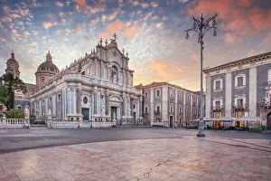 Catania, Sicily, Italy. Cityscape image of Duomo Square in Catania, Sicily with Cathedral of Saint Agatha at sunrise