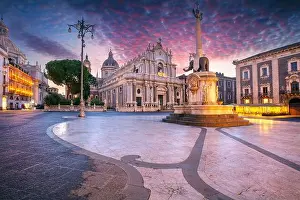 Catania, Sicily, Italy. Cityscape image of Duomo Square in Catania, Sicily with Cathedral of Saint Agatha at sunrise