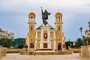 Catedral Prints: Catedral de Nuestra Señora de la Candelaria and statue of Christopher Columbus on Plaza Colon in Mayagüez