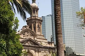 Summer Day Prints: Cathedral, glass office blocks, Plaza de Armas, palm tree trunk, Santiago, Chile