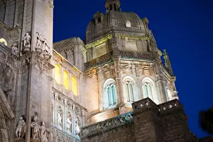 Art Building Prints: Cathedral of toledo at night, beautiful building with big doors and tower with bell tower