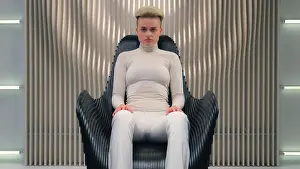 Digitally Prints: Serious Caucasian futuristic woman gamer hipster female girl confident businesswoman programmer modern technology