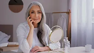 Menopause Prints: Caucasian old beautiful 60s senior lady mature aging elderly model woman with gray hair female granny grandmother