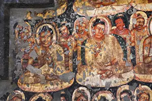 Meditate Prints: Cave 2: Shrine-Painted Buddha images in Padmasana with attendants