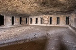 Caves Prints: Cave 3, Interior view of the vihara showing monk cells and a stupa