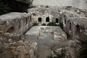 Ancient Architecture Prints: Cave A, cut in rock ancient Jewish burial cave from the 2nd Temple era on Mt