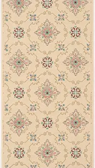 Pastel Colors Prints: Ceiling paper. Research in ProgressAllover trellis pattern outlined in olive green with snowflake-like motifs in blue