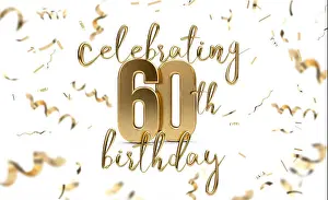 Sixty Prints: Celebrating 60th birthday gold greeting card with confetti. 3D Rendering