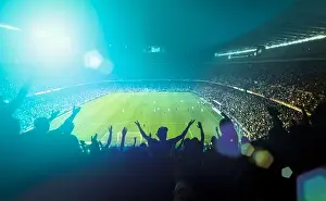 Enthusiastic Prints: Celebrating the soccer champions.Crowded football stadium with lens-flare