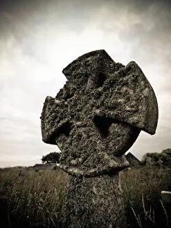 Moss Prints: Celtic cross headstone in a graveyard, Lelant, Cornwall